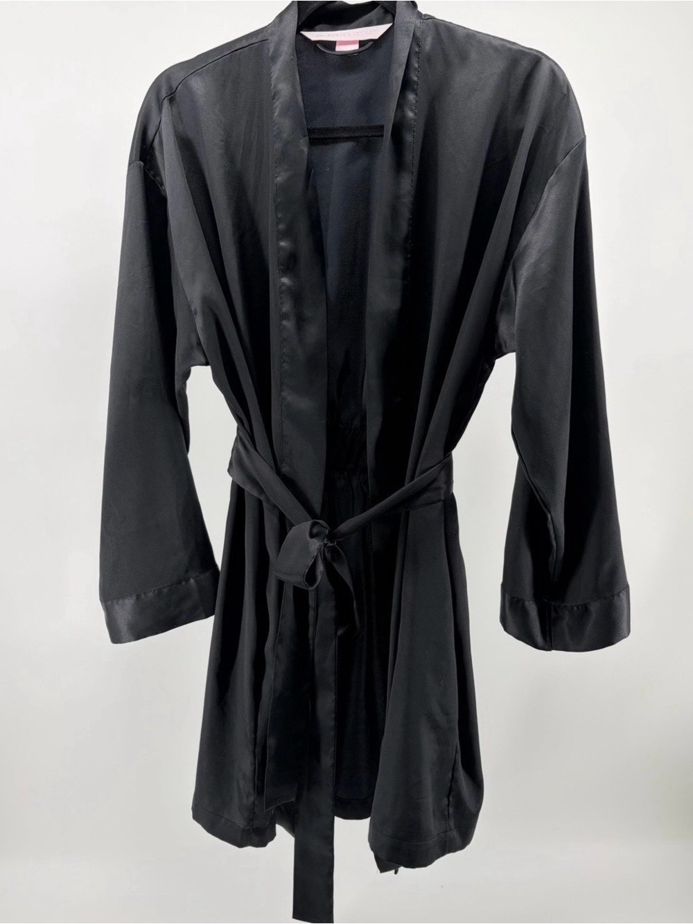 Victoria's‎ Secret Satin Short Robe One Size Black Pockets Wide Attached Belt